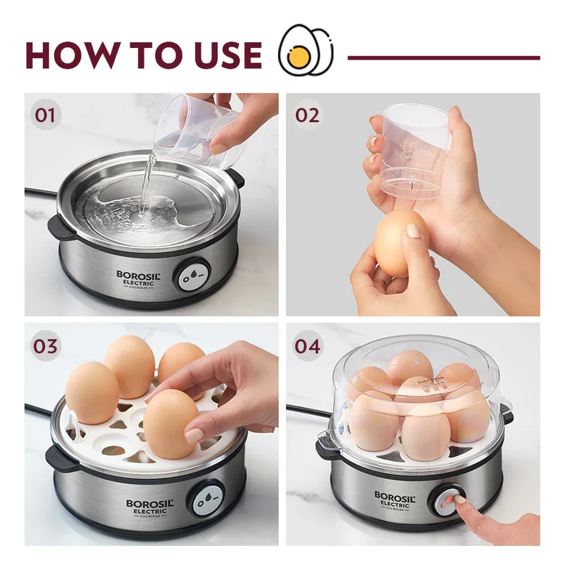 Front view of sleek Borosil egg cooker with single press button