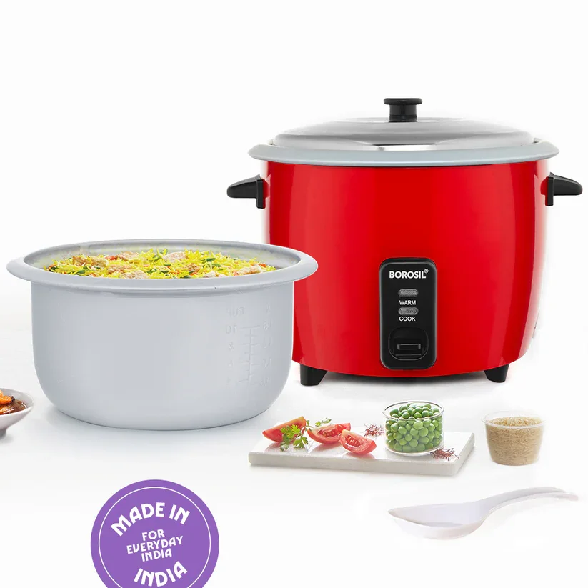 Open lid revealing 1.8L non-stick cooking pot and steamer