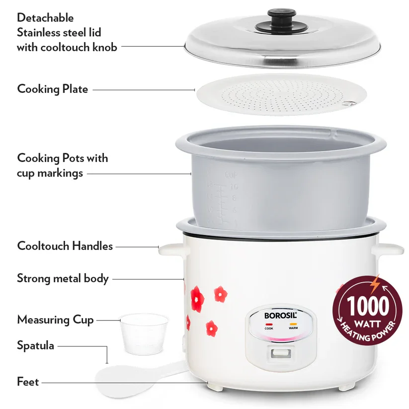 Borosil electric rice cooker styled on a modern luxury kitchen countertop
