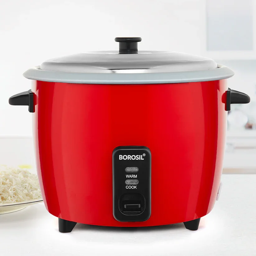 Open stainless steel lid revealing non-stick cooking pot