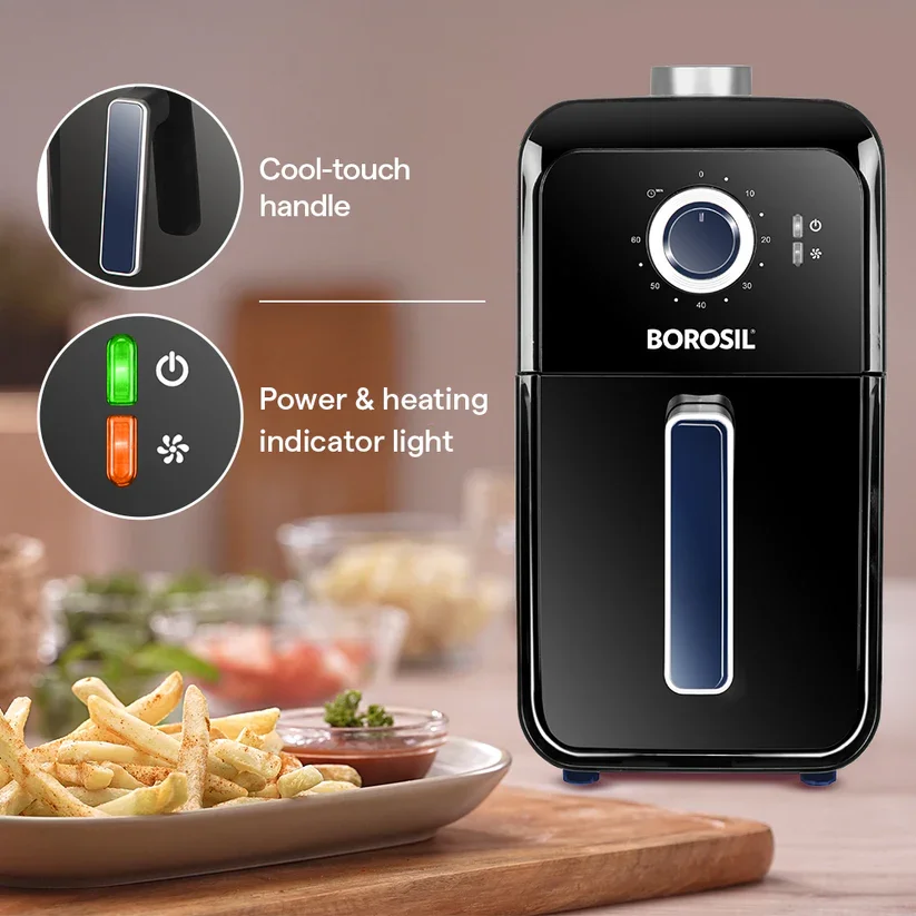 Removable 3.6L non-stick frying pan and tray inside Borosil Air Fryer