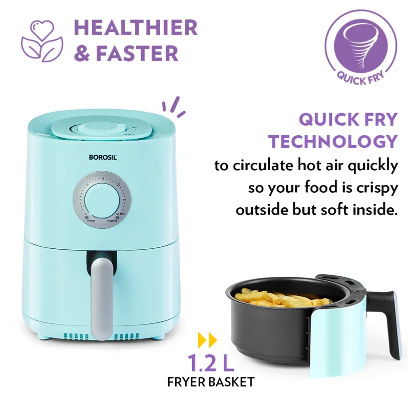 Chic blue air fryer operating seamlessly on a luxury marble kitchen countertop