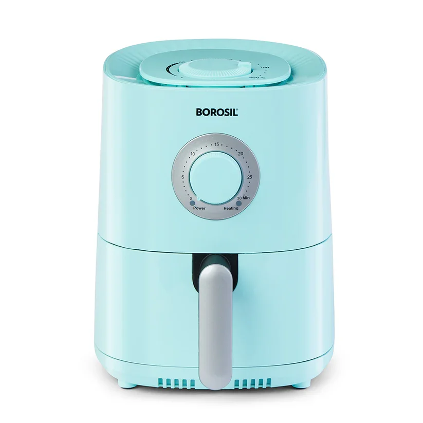 Borosil 1.2L blue smart air fryer hero shot against a modern elegant backdrop