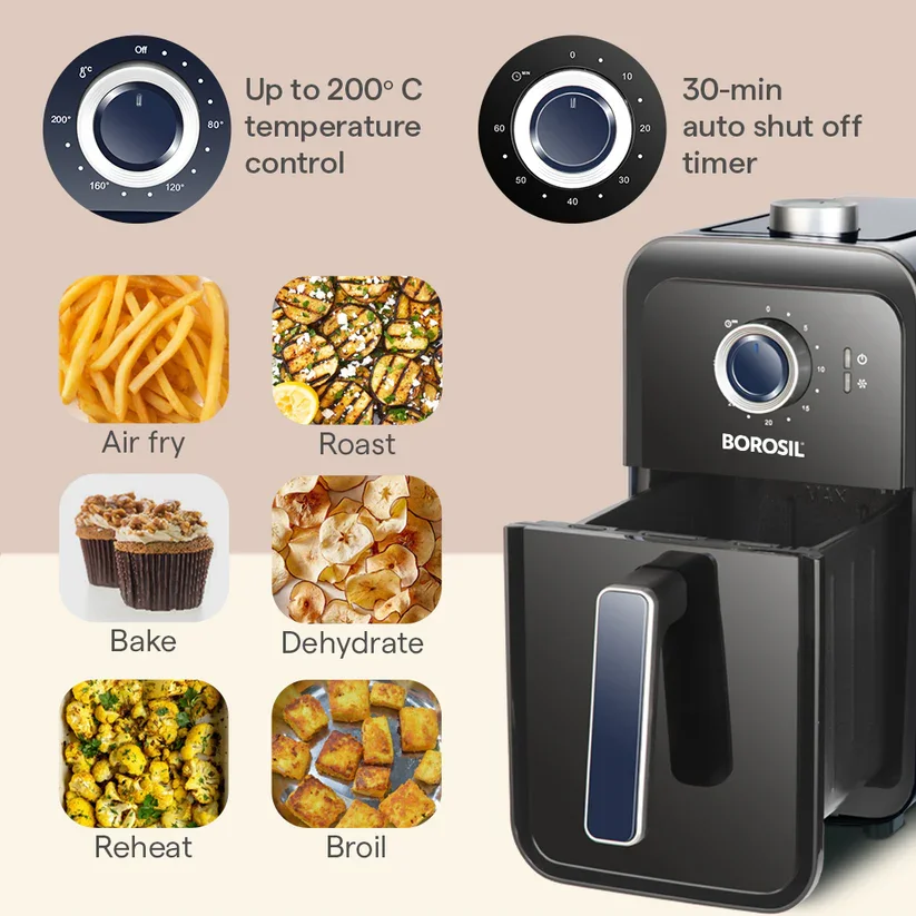 Borosil compact air fryer beautifully styled on a modern kitchen countertop