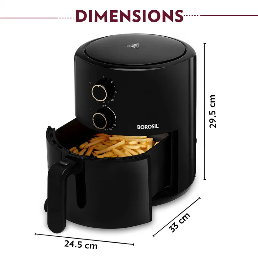 Front view of the Borosil air fryer highlighting temperature dials and finish