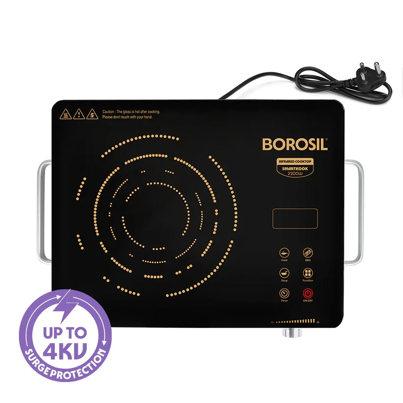 Borosil infrared cooker with metal cookware on a modern kitchen counter