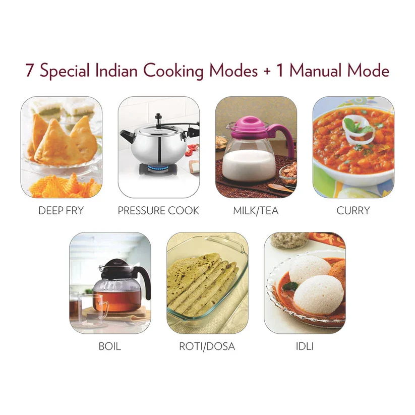 Close up of the 7 preset Indian cooking menu controls