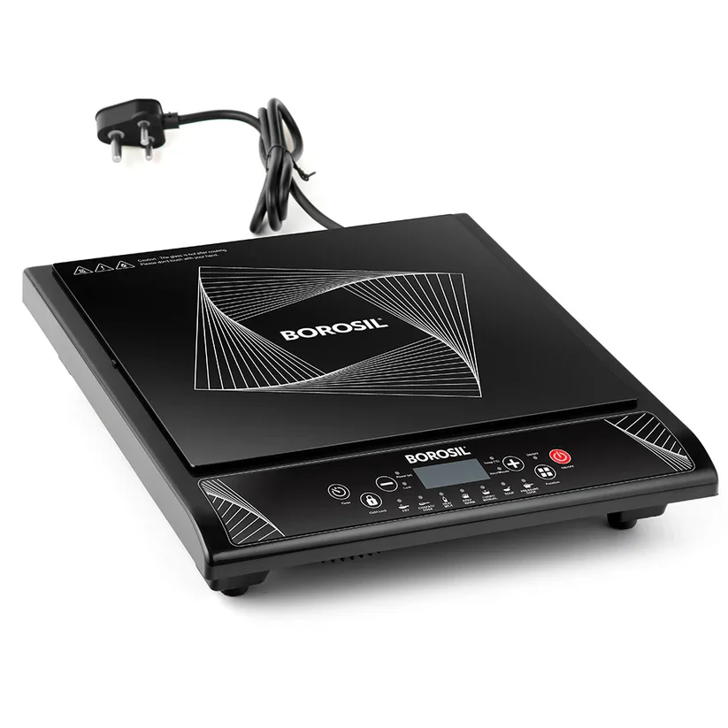 Borosil SmartKook 1200W induction cooktop hero shot featuring sleek black glass