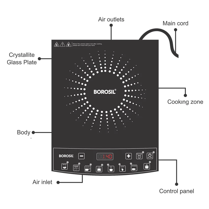 Minimalist induction cooktop styled on a charcoal and wood kitchen counter