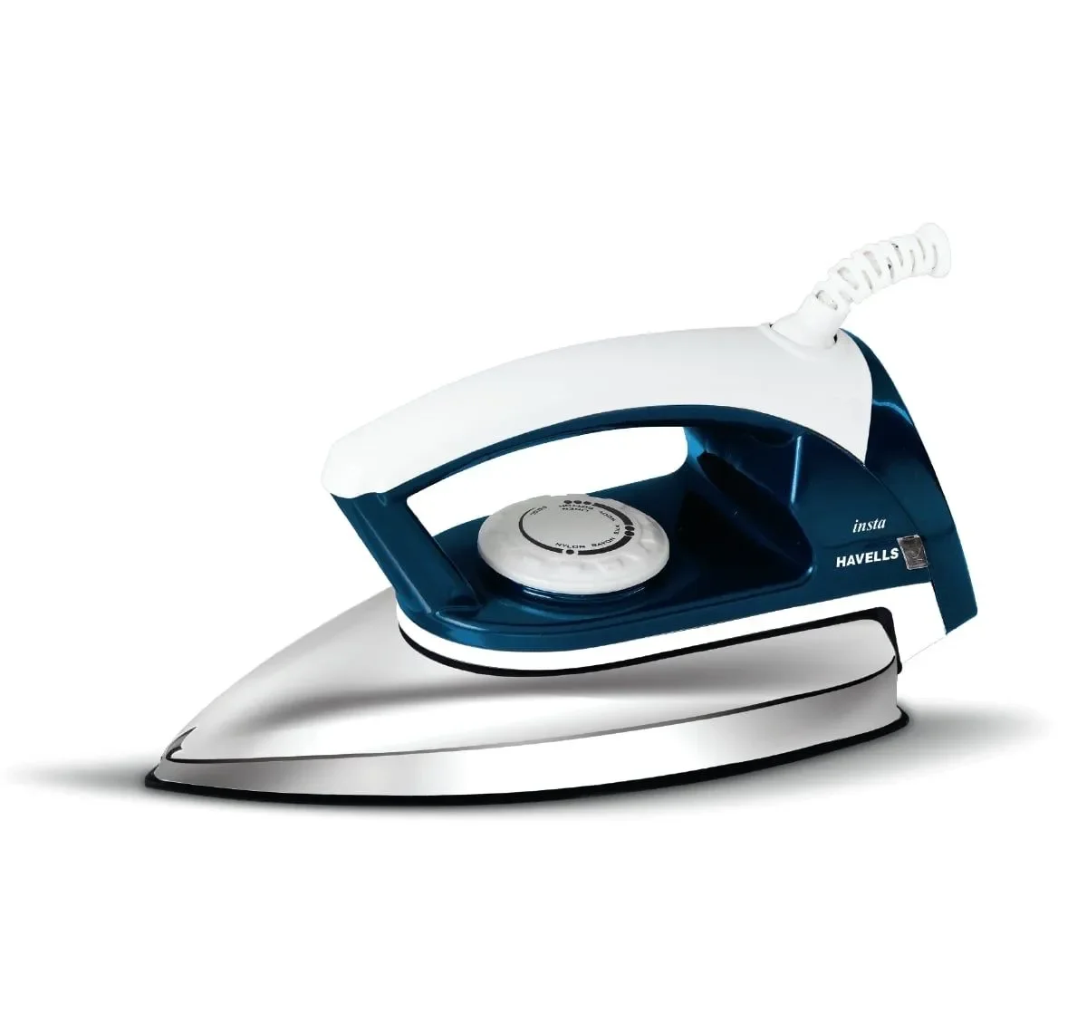 Havells Insta Dry Iron in Royal Blue and White featuring non-stick soleplate and ergonomic handle for professional home garment care.