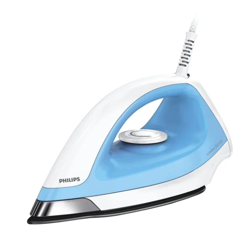 Philips GC157/02 Dry Iron in Blue and White featuring a Black American Heritage coated soleplate and precision pointed tip for garment care.