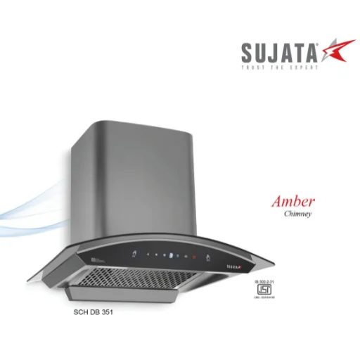 Front view of Sujata Amber chimney showcasing the elegant black finish