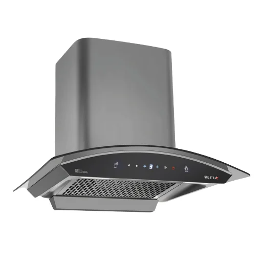 Sujata Amber 90cm filterless kitchen chimney in black - hero shot