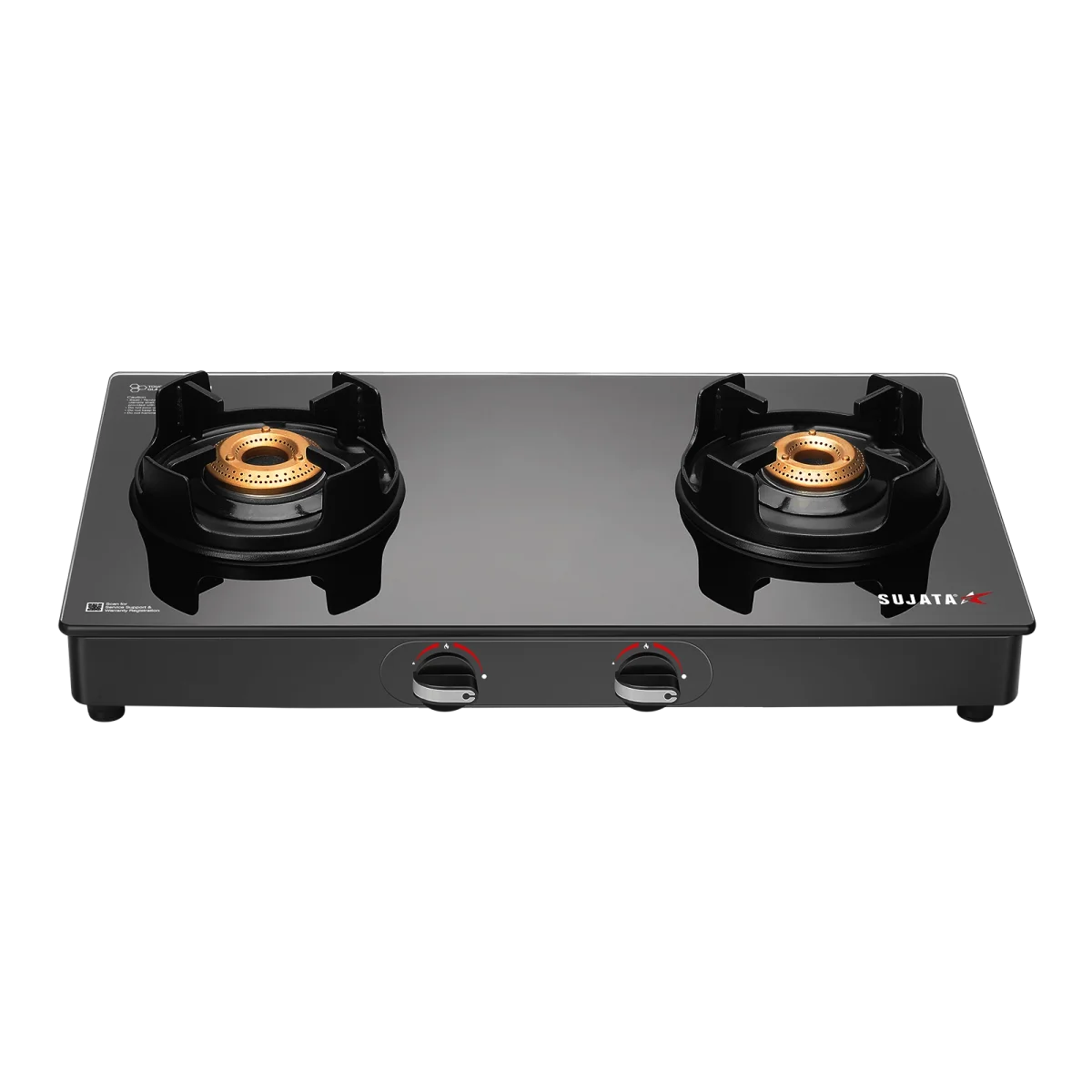 Sujata Deluxe 2-Burner Glass Cooktop hero view showing sleek black glass and brass burners