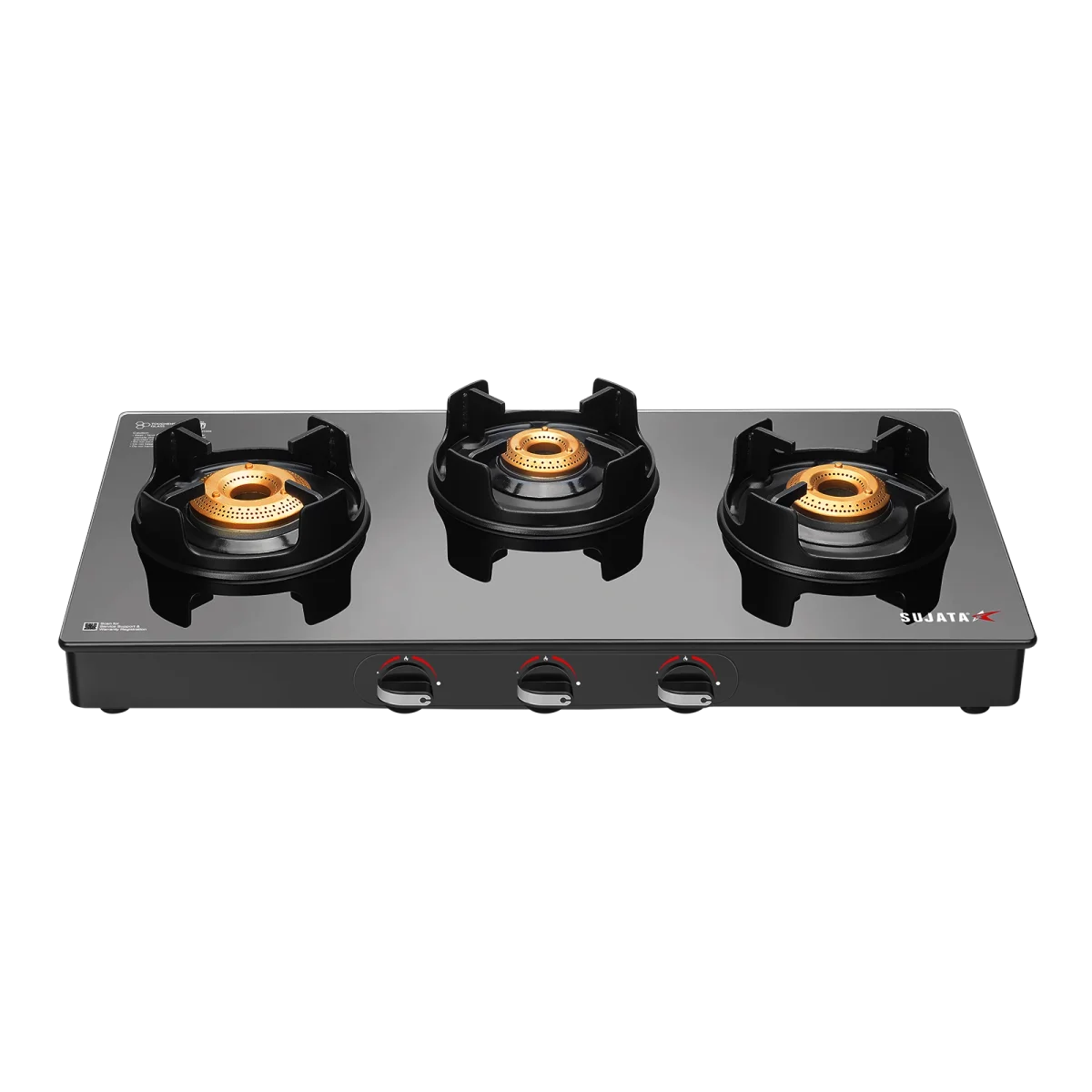 Sujata Deluxe 3-Burner Glass Cooktop hero view with manual ignition setup
