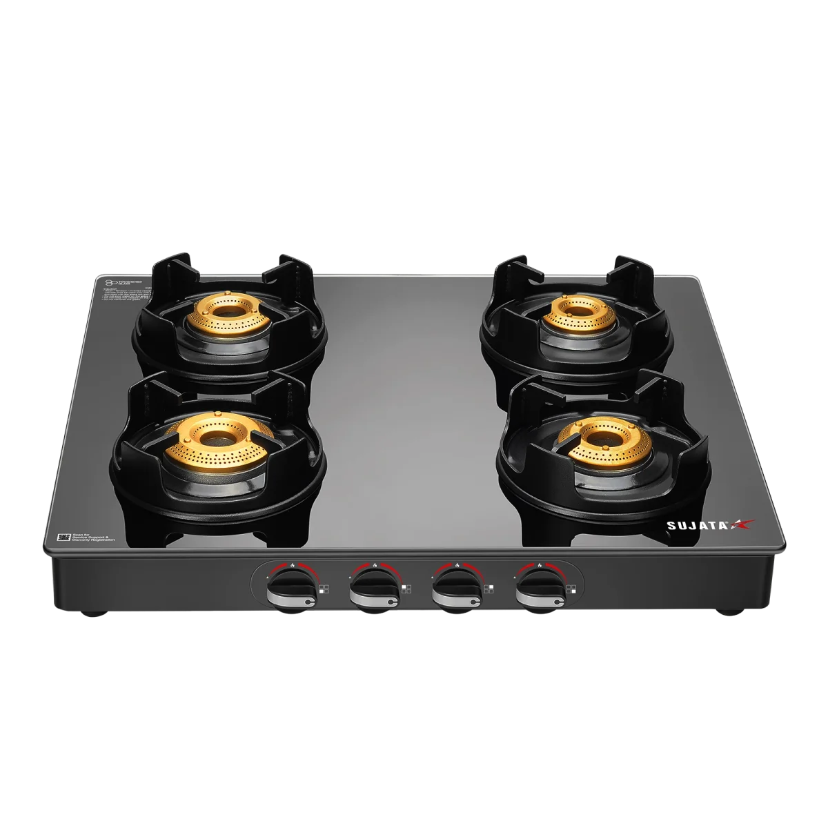 Sujata Deluxe 4-Burner Glass Cooktop hero view showing sleek black glass and brass burners