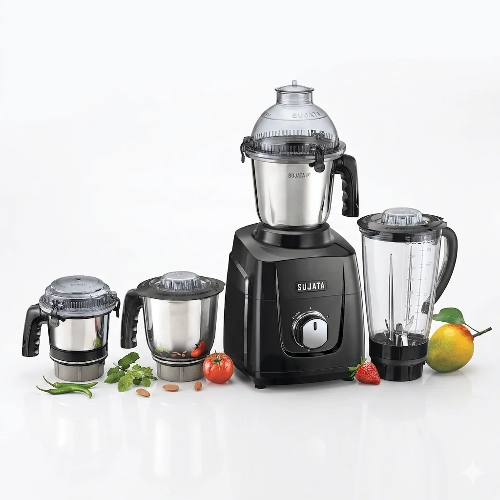 Sujata MG03 1000W mixer grinder with 4 jars in sleek black hero shot