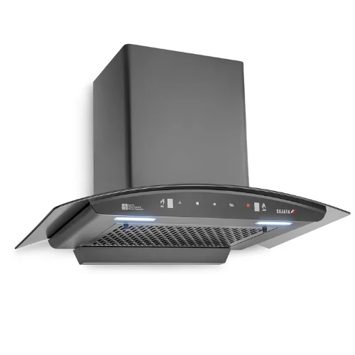 Front wide view of Sujata Pearl 75cm chimney showing sleek metal build