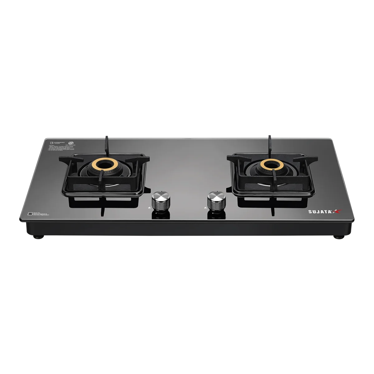 Sujata Premium 2-Burner glass cooktop manual ignition hero shot