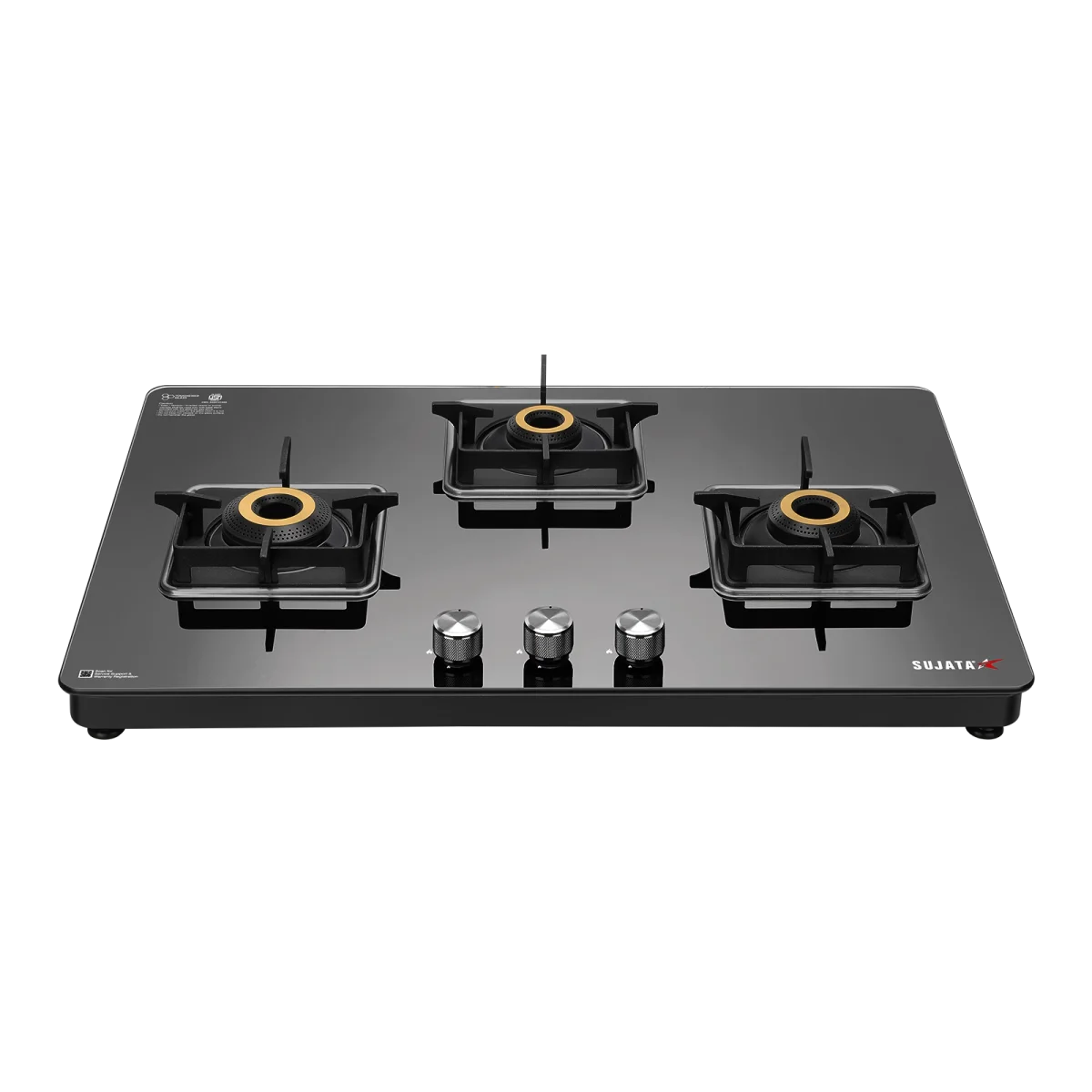 Sujata Premium 3-Burner glass cooktop manual ignition hero shot