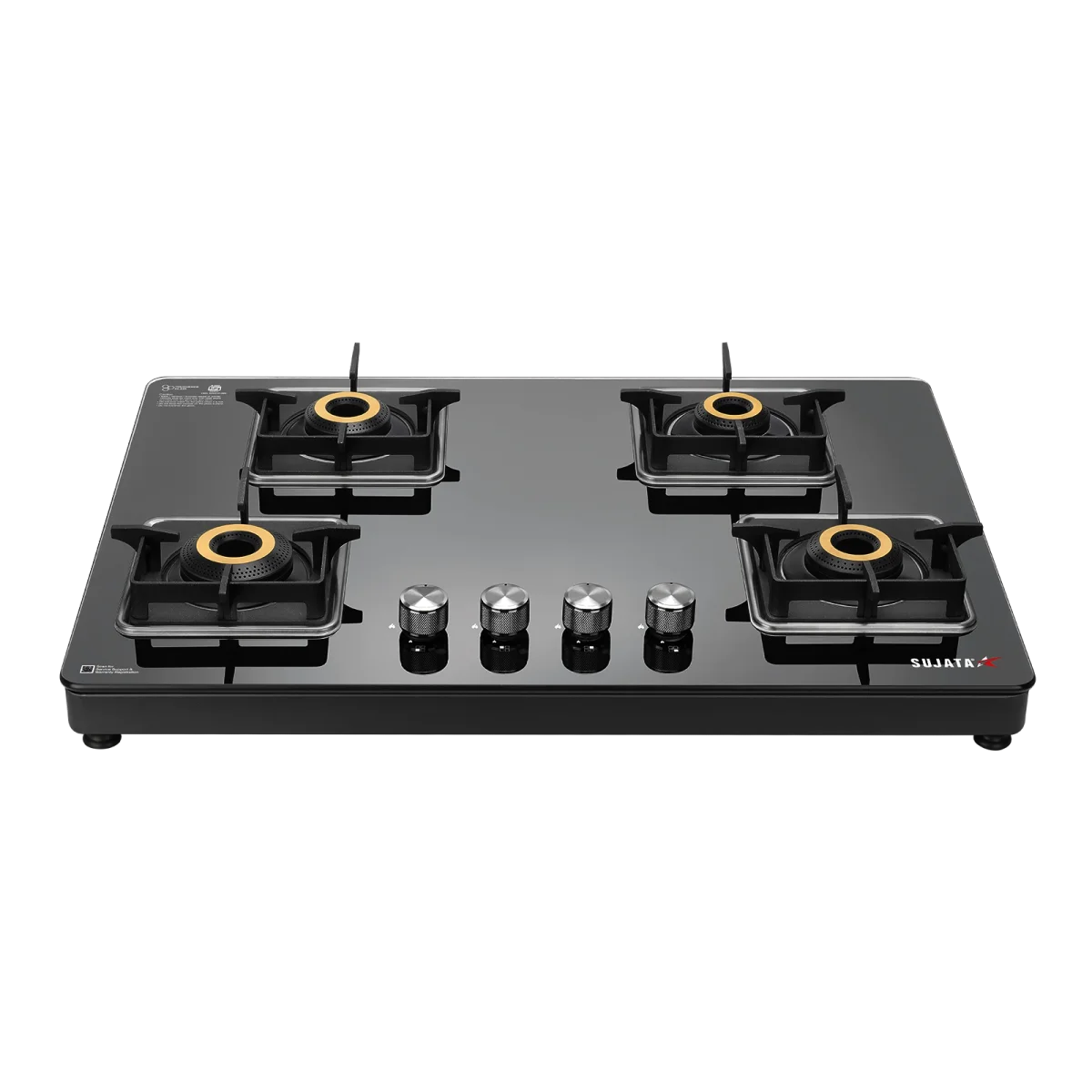 Sujata Premium 4-Burner glass cooktop manual ignition hero shot