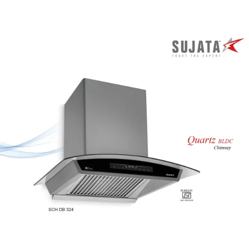 Wide front view of Sujata Quartz 90cm chimney with LED illumination
