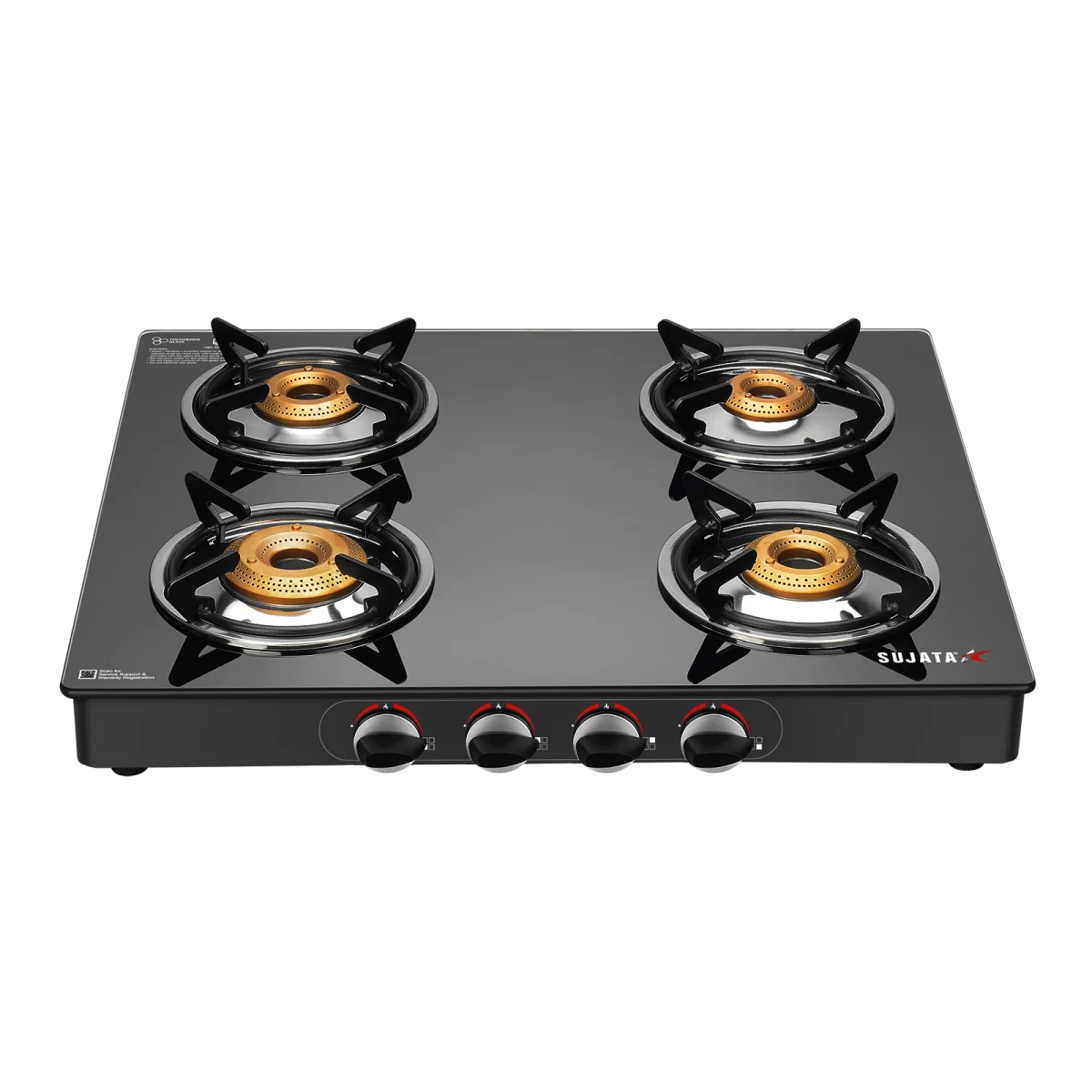 Sujata 4-burner standard glass cooktop hero shot showing sleek black surface