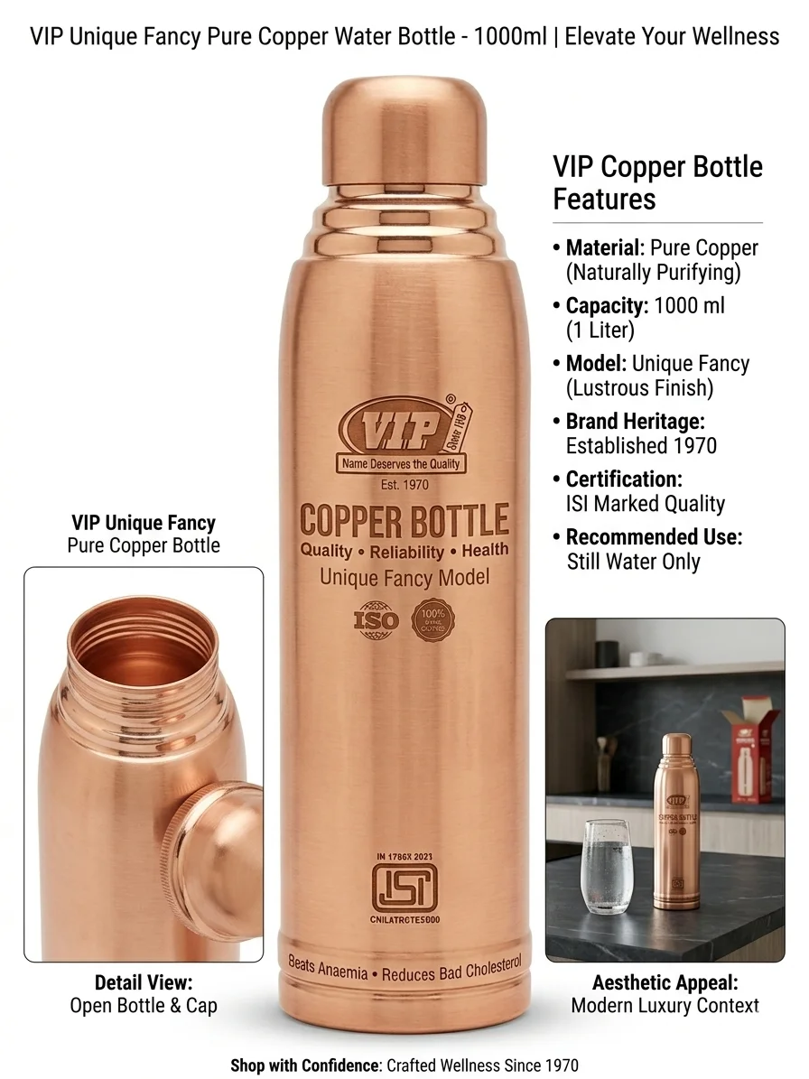 Front view of VIP pure copper bottle showing elegant silhouette