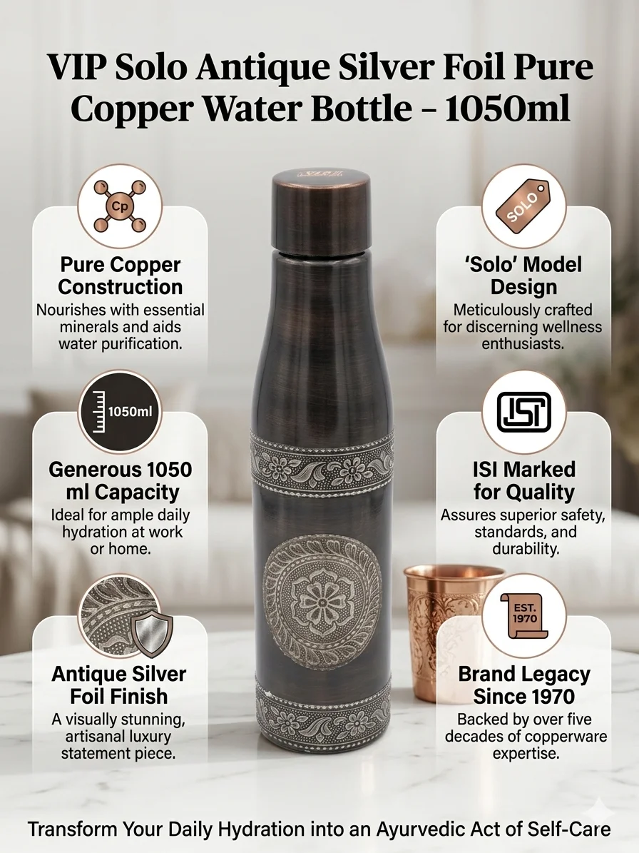 Front view of VIP pure copper bottle showing antique silver finish