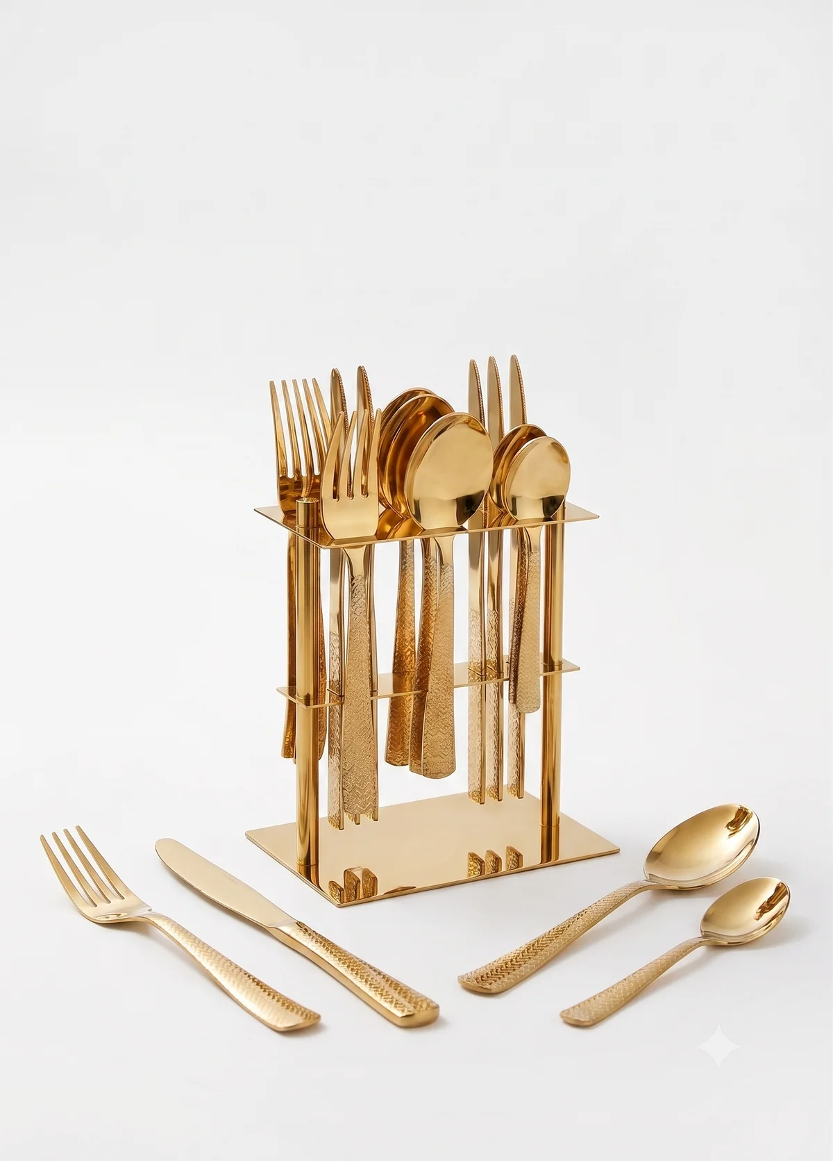 Vip Unique 25-Piece PVD gold cutlery set on white background